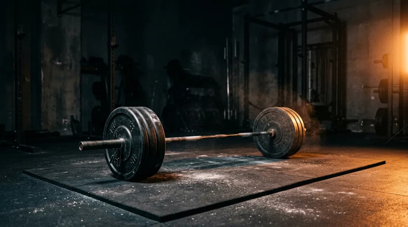 A loaded barbell on the floor of a dark gym, lit by the glow of an ember-orange light