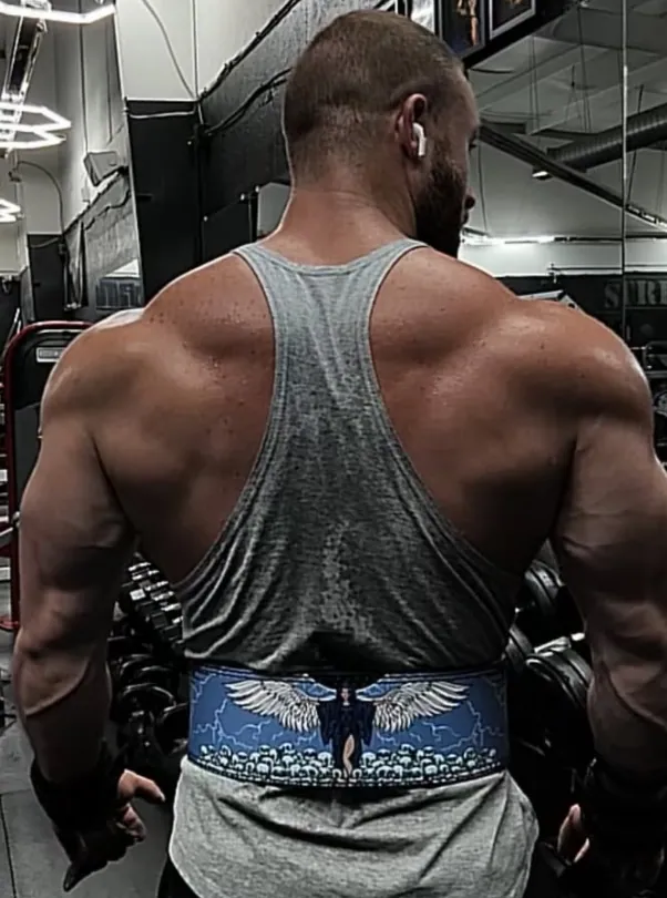Back view of a muscular lifter in a gray tank top and a blue winged lifting belt in a gym