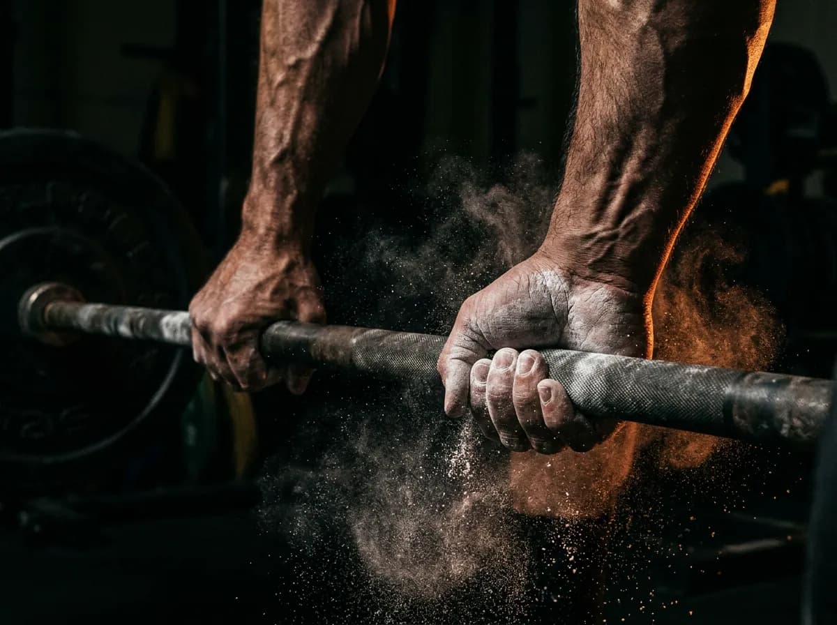 Chalked hands gripping a barbell during a heavy lift